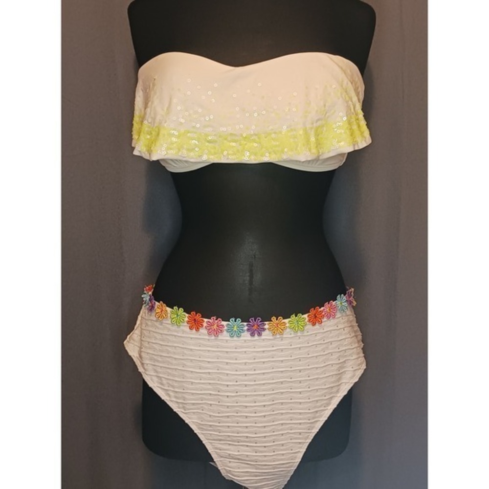 Xhilaration Sequin top XL Swimsuit Strapless Flower Trim Bikini‎ bottoms 3XL